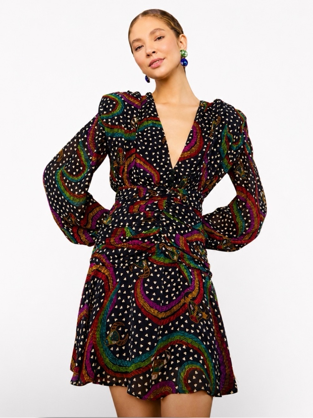 FARM Rio Black Mini Dress with Multicolor Stripes and White Heart Dots